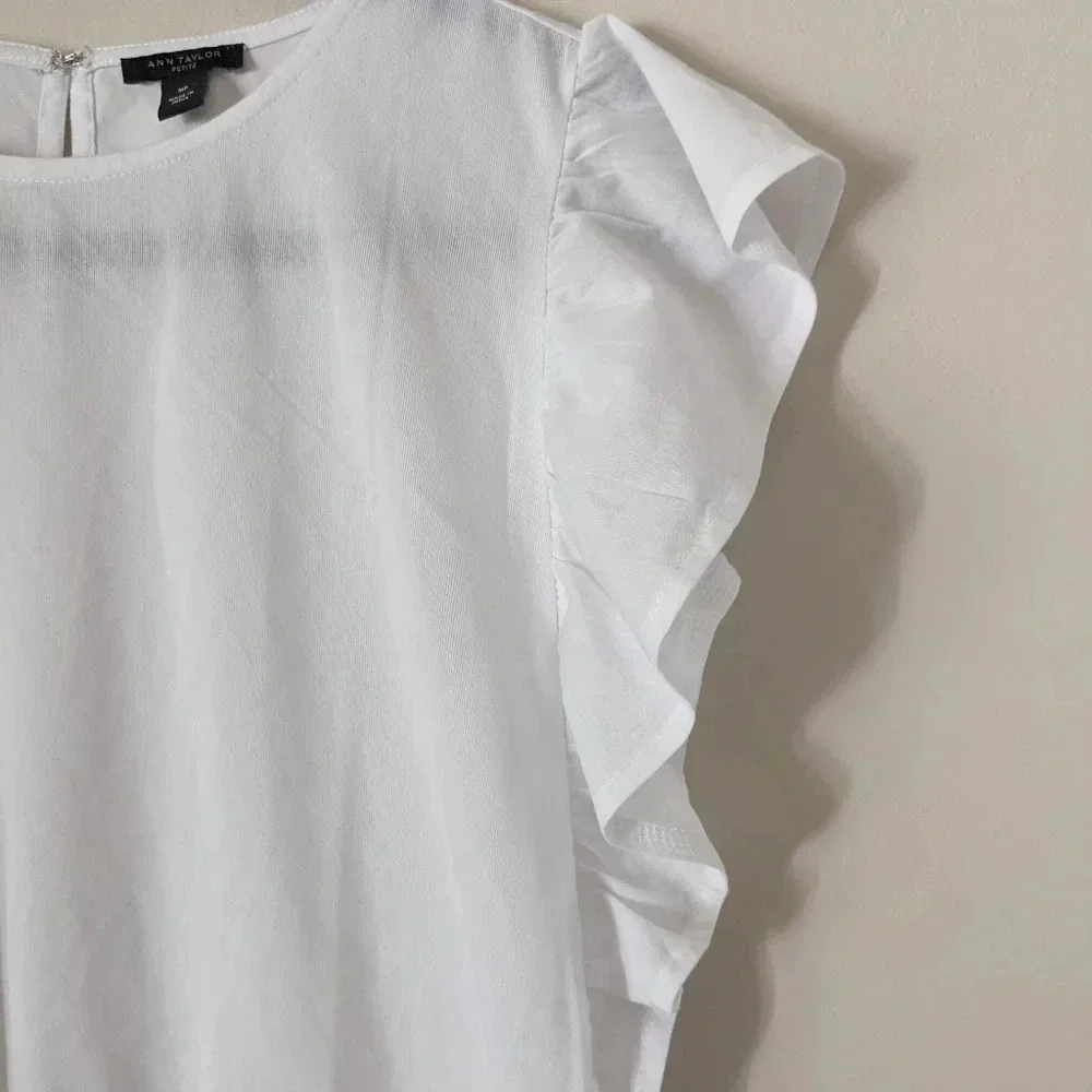 Ann Taylor White Smocked Waist Flutter Sleeve Top size MP - Picture 4 of 6